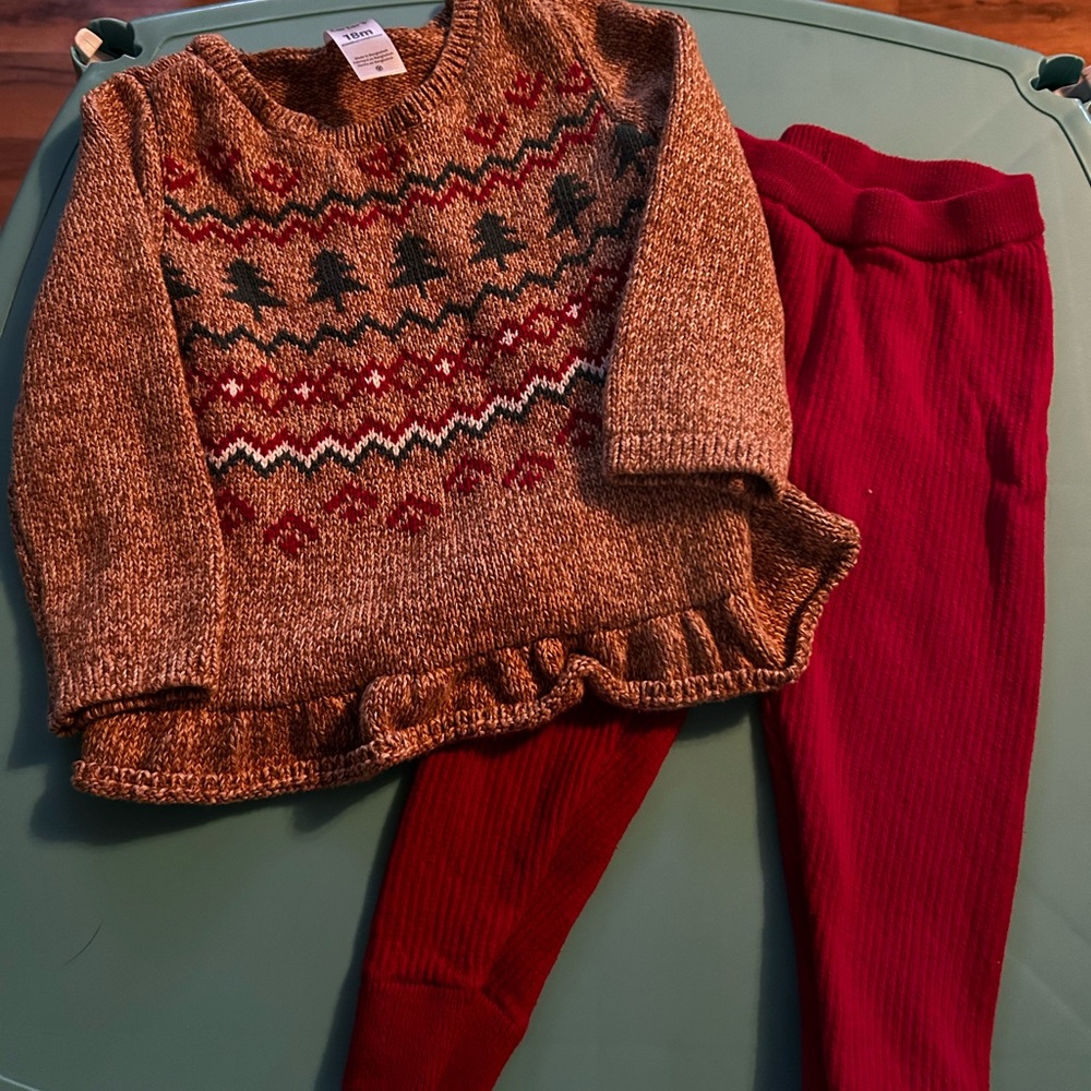 Cozy Brown Sweater with Red Leggings Set